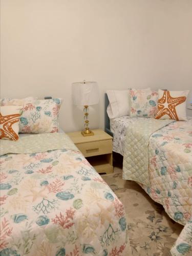 Hermitage的住宿－Windsor place，一间卧室配有两张床和一张带台灯的桌子
