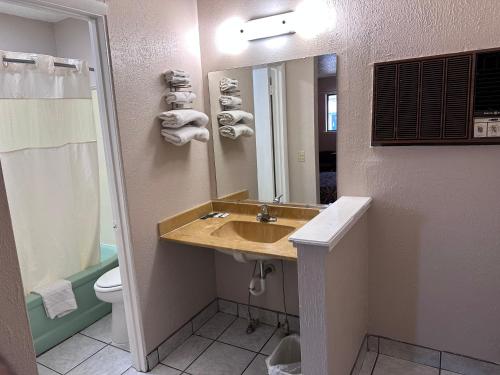 a bathroom with a sink and a toilet and a mirror at CRYSTAL MOTEL in Tulsa