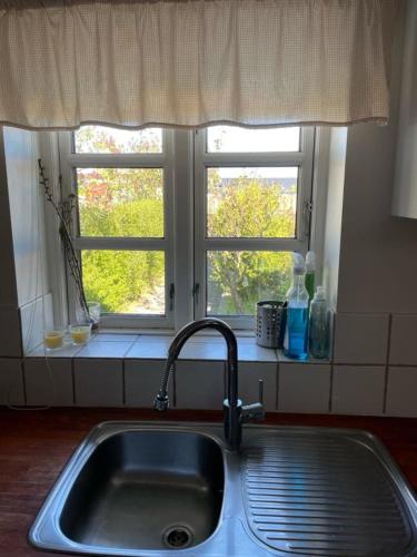 a kitchen sink in front of a window at Beautiful House, just a few km from the vibrant center of Copenhagen in Hvidovre