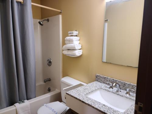 a bathroom with a sink and a toilet and a mirror at Budgetel inn & Suites in Fort Scott