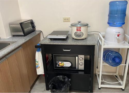 a kitchen with a counter with a microwave on a table at Marikina Manila Condominium 1 Bedroom in Manila