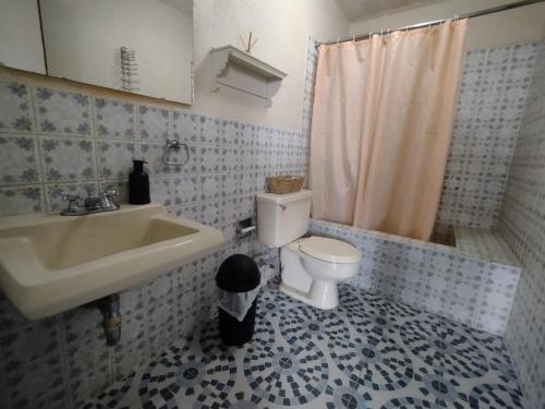 La salle de bains est pourvue d'un lavabo, de toilettes et d'une douche. dans l'établissement Apartamento 1007 Cortijo Reforma zona 9, à Guatemala