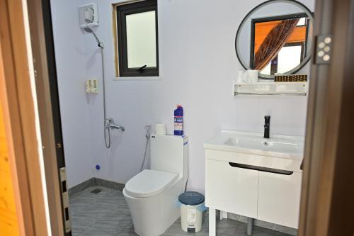 a bathroom with a toilet and a sink and a mirror at Hoàng Yến Garden Ba Vì in Hanoi