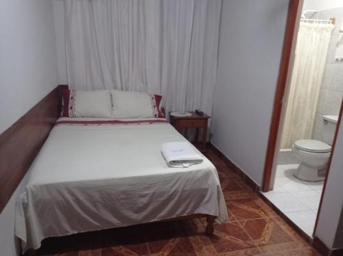 Dormitorio pequeño con cama y aseo en Casa del Huesped - Guest House, en Pucallpa