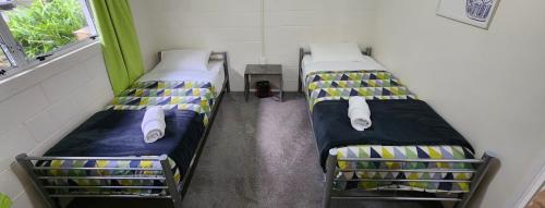 two bunk beds in a room with a window at Bay of Islands Holiday Park in Paihia