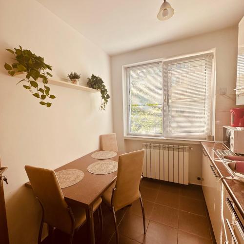 a kitchen with a table and chairs in a room at Sweet Apartament in Baia Mare