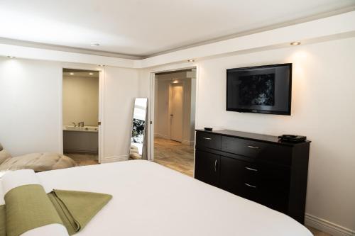 a bedroom with a bed and a television on a wall at Hôtel Énergie Shawinigan in Shawinigan