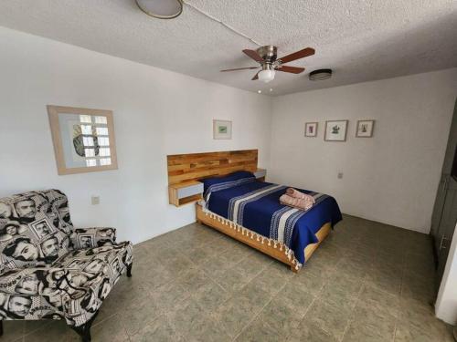 a bedroom with a bed and a couch and a ceiling fan at Casa Orestes - Hermosa casa cerca del Centro de Oaxaca in Oaxaca City