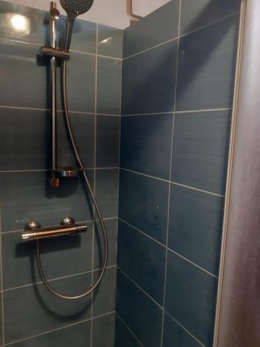 a bathroom with a shower with blue tiles at Cantalaoude in Soulac-sur-Mer