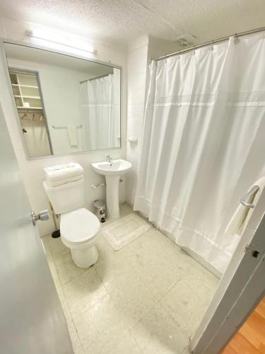 a white bathroom with a toilet and a sink at NEW HOTEL CRUZ DEL SUR in Concepción