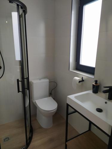 łazienka z toaletą, umywalką i oknem w obiekcie Domek pod Debami w mieście Choczewo