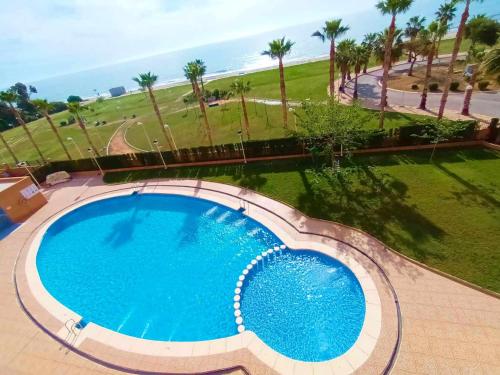 einen Blick über einen Pool mit Palmen und das Meer in der Unterkunft Ayf 3 habitaciones moderno 1ª linea de playa in Oropesa del Mar