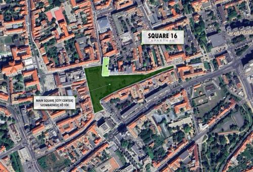un mapa de una ciudad con una zona verde en SQUARE 16 Apartman - Absolutely Central Location with Self Check In, en Szombathely