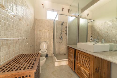 a bathroom with a sink and a shower and a toilet at Tropicana Villa in Le Morne