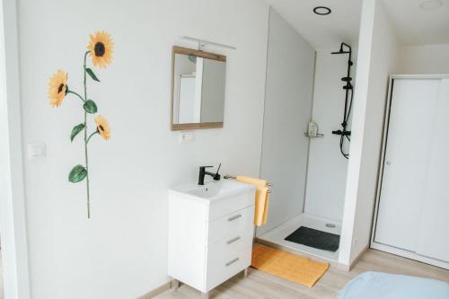 ein Bad mit einer Dusche, einem Waschbecken und einem Spiegel in der Unterkunft Trendy chalet aan visvijver in Hamme