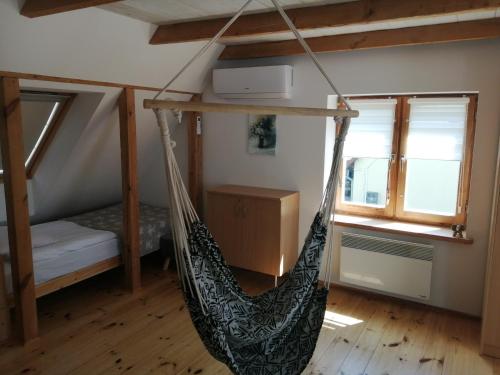 SztynortにあるZielony Domek w Sztynorcieのベッドと窓付きの客室内のハンモックを利用できます。