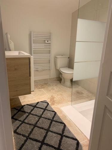 a bathroom with a toilet and a sink and a shower at Bienvenue chez Weiwei in Sancé