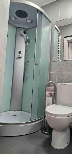 a bathroom with a shower and a toilet at Route66 apartament by Karl Clim&Park in Radom