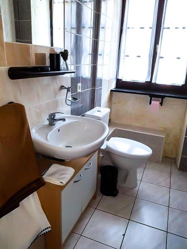 a bathroom with a sink and a toilet at Les chambres du Roc in Le Roc