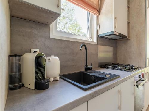 a kitchen with a sink and a counter top at Luxury chalet near Ouddorp with garden in Goedereede