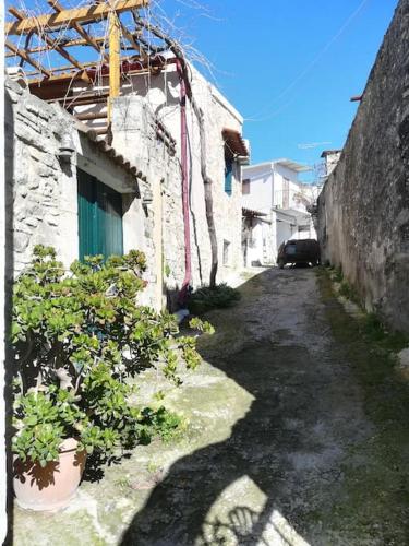 an alley with a building and some plants on the side at Gallery House Plouti in Ploutí