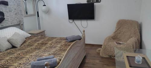 a bedroom with a bed and a chair and a television at Hostel Texas in Suwałki