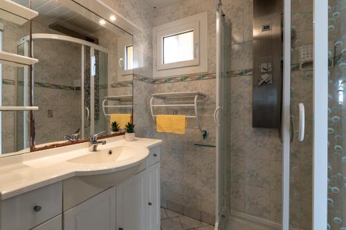 ein Bad mit einem Waschbecken und einer Dusche in der Unterkunft Kallistea - Appartement avec vue mer in Porticcio