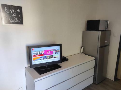 a television sitting on top of a dresser with a refrigerator at Charmant studio climatisé 24 m2 terrasse à 100m de la plage in Saint-Mandrier-sur-Mer