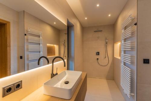 a bathroom with a sink and a shower at Lind Fruchtreich in Sebersdorf