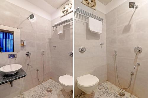 two pictures of a bathroom with a toilet and a shower at Hotel Agoura Prime in Lucknow
