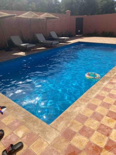 a swimming pool with chairs and a ball in the water at Villa privative tortues2 piscine chauffée 35min Marrakech in Marrakech