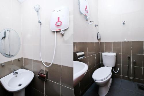 two pictures of a bathroom with a toilet and a sink at OYO 714 Arina Hotel in Bangi