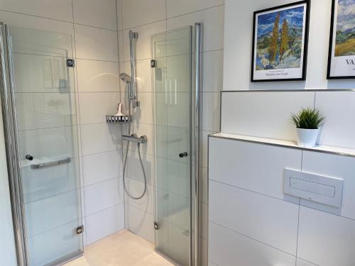 La salle de bains est pourvue d'une douche avec une porte en verre. dans l'établissement Attendorner Burgblick, à Attendorn
