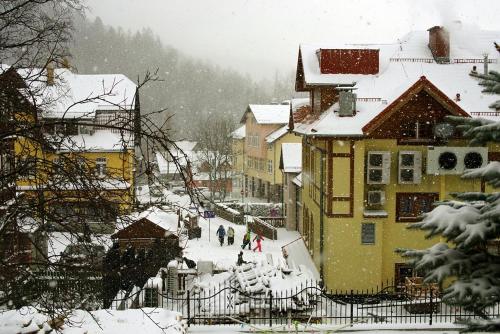 a group of people walking down a snow covered street at Centrum Karkonoszy in Karpacz