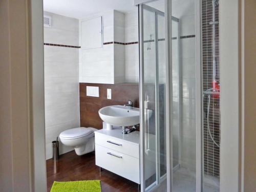 een badkamer met een wastafel en een toilet bij Ferienwohnungen am Waldessaum in Bodstedt