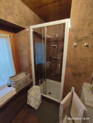 a bathroom with a shower with a glass door at Stanza spaziosa in Zugliano