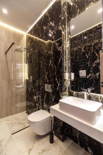 a bathroom with a toilet and a sink and a shower at ARISTO Jacuzzi Hotel in Lviv