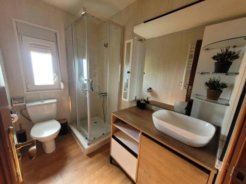 a bathroom with a sink and a toilet and a shower at Acogedora casa con vistas panorámicas de vigo in Vigo