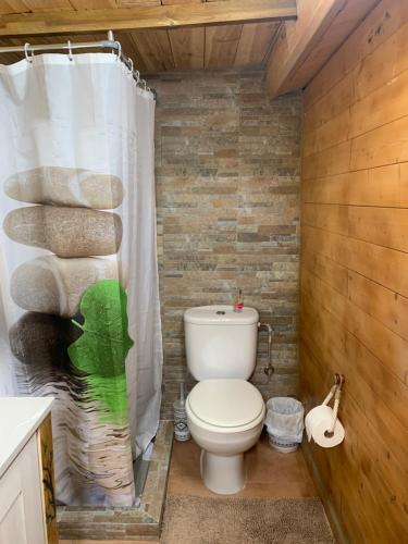 a bathroom with a toilet and a stone wall at Casa kintsugi in Masquefa