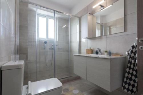 a bathroom with a shower and a toilet and a sink at New spacious apartment located in Piraeus in Piraeus