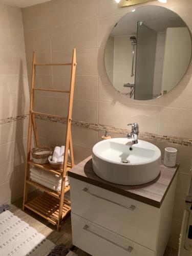 une salle de bain avec un lavabo et un miroir dans l'établissement APPARTMENT AU COEUR DU CENTRE HISTORIQUE 2 CH., à Bergerac