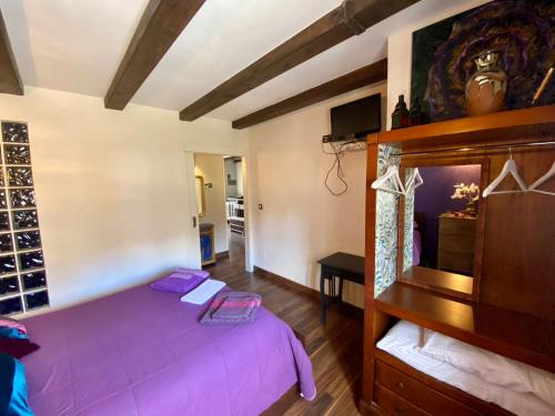 a bedroom with a purple bed in a room at Raices in Robledondo