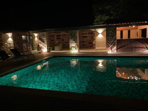 a swimming pool in front of a house at night at Magnifique villa avec piscine au coeur des vignes in Cogolin
