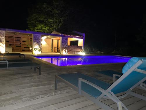 a villa with a swimming pool at night at Magnifique villa avec piscine au coeur des vignes in Cogolin
