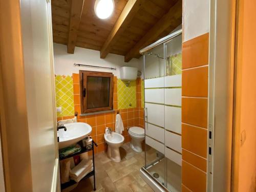 a bathroom with a sink and a toilet at Villa Marci con piscina privata a Nulvi (SS) in Nulvi