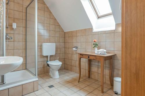 a bathroom with a toilet and a sink at Gasthof Krone in Kinding