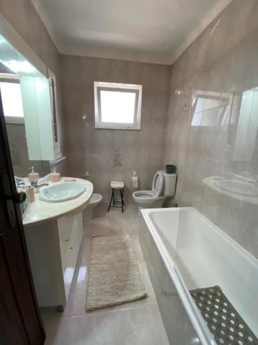 La salle de bains est pourvue d'une baignoire, d'un lavabo et de toilettes. dans l'établissement Casa Gorjão, à Anadia