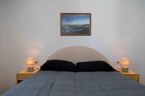 1 dormitorio con 1 cama con 2 lámparas y una foto en la pared en [Vista lago]-Appartamento funzionale con vista, en Varese