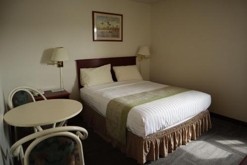 Habitación de hotel con cama, mesa y escritorio. en Destination Family Hotel en Whitehorse