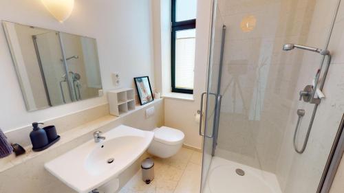 a bathroom with a shower and a sink and a toilet at Appartement Wachtlerstraße in Rostock